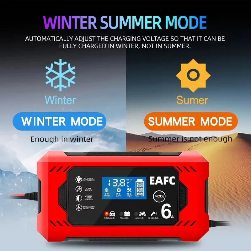 Large Screen Car Battery Charger 6A 12V Car and Motorcycle Battery Charging Device Lead-acid Battery Smart Repair LCD Display