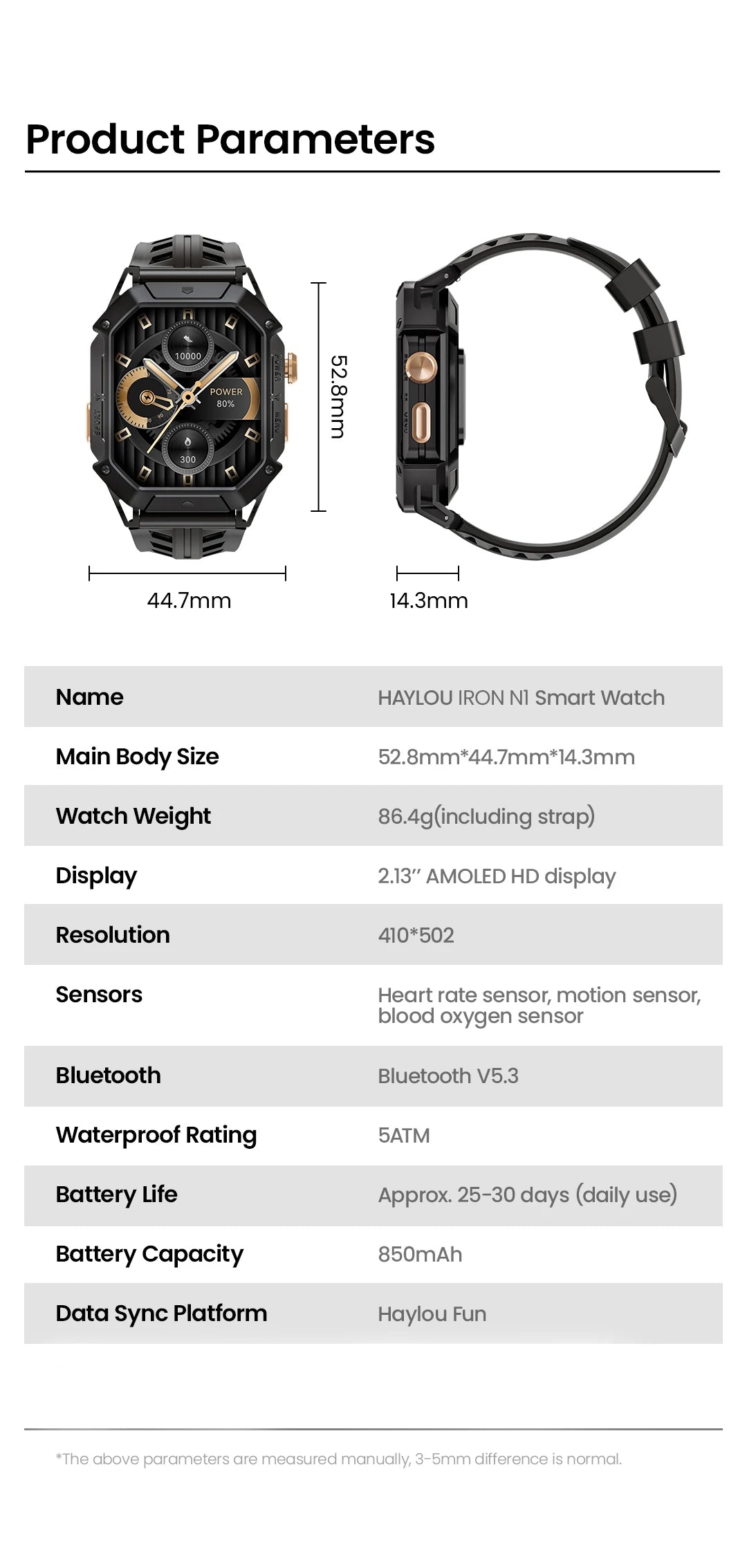 HAYLOU IRON N1 Smartwatchs 2.13’’ AMOLED Display 5ATM Waterproof Bluetooth Call Outdoor Sport Smart Watch 30 Days Battery Life
