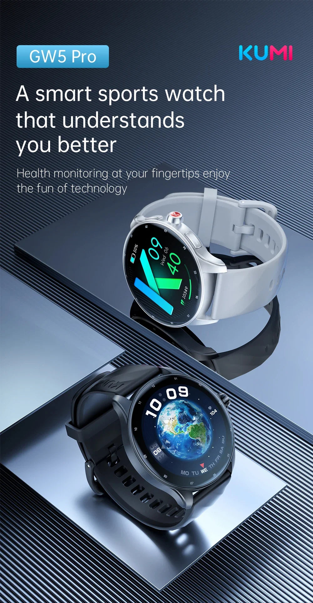 KUMI GW5 Pro Smartwatch 1.43" AMOLED IP68 Waterproof Bluetooth 5.2 Fitness Tracker Heart Rate Blood Oxygen Monitor