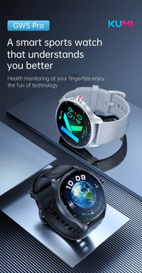 KUMI GW5 Pro Smartwatch 1.43" AMOLED IP68 Waterproof Bluetooth 5.2 Fitness Tracker Heart Rate Blood Oxygen Monitor