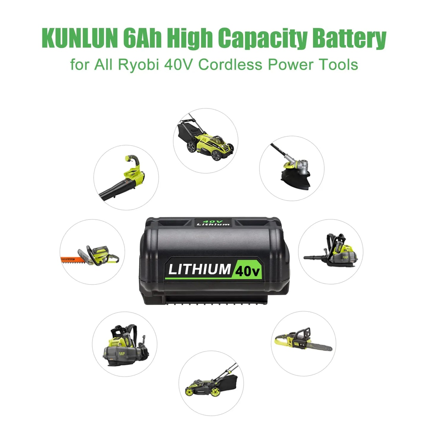 KUNLUN For Ryobi 6.0Ah 40V Li-ion Battery For OP40401 OP4050A OP4050 RY40502 RY40200 Cordless Power Tools Rechargeable Battery