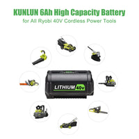 KUNLUN For Ryobi 6.0Ah 40V Li-ion Battery For OP40401 OP4050A OP4050 RY40502 RY40200 Cordless Power Tools Rechargeable Battery
