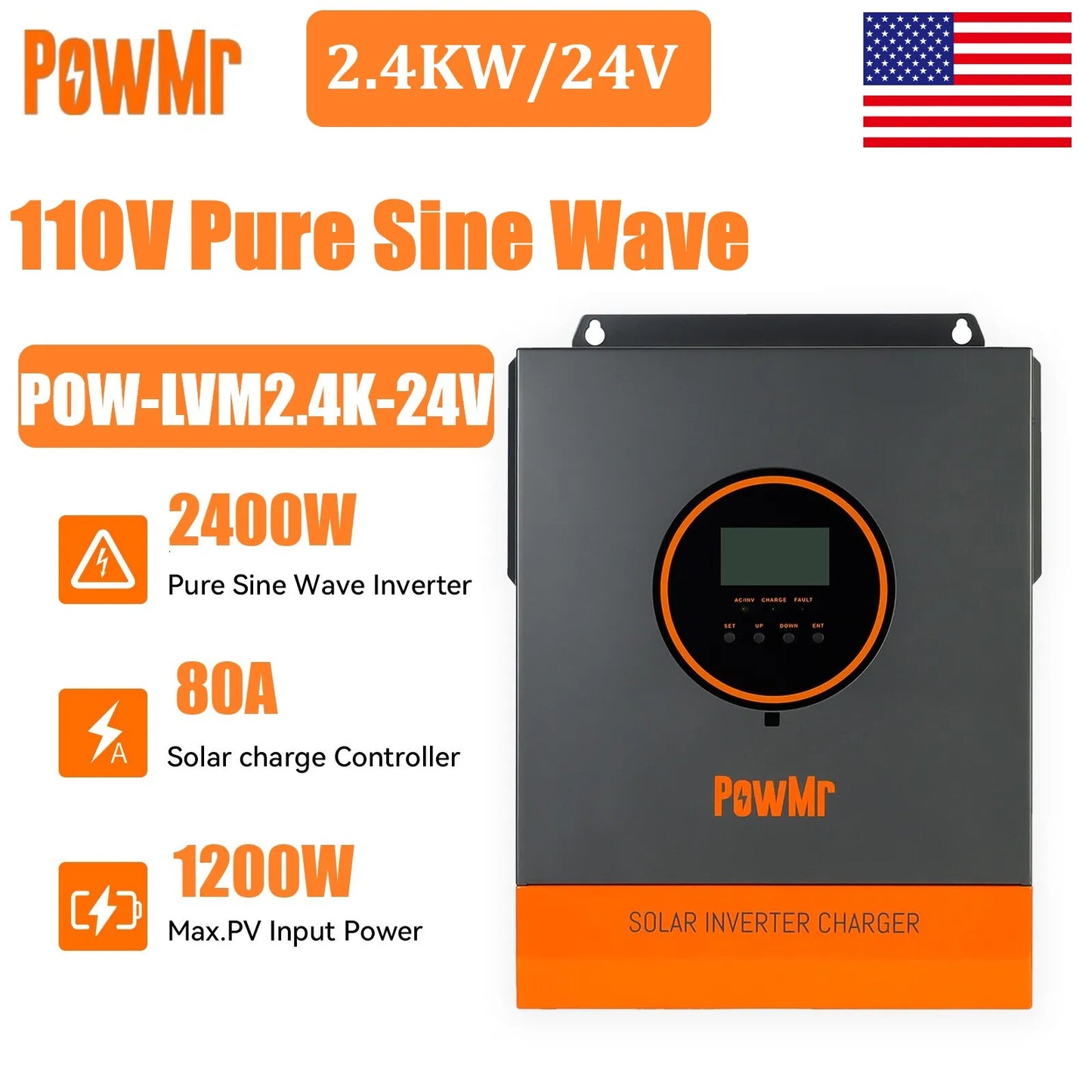 PowMr 2400W Pure Sine Wave Inverter 24VDC to 110V/120VAC 50A PWM Charging Controller Max PV 80VDC Solar Inverter Off-grid System