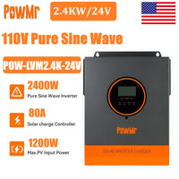PowMr 2400W Pure Sine Wave Inverter 24VDC to 110V/120VAC 50A PWM Charging Controller Max PV 80VDC Solar Inverter Off-grid System