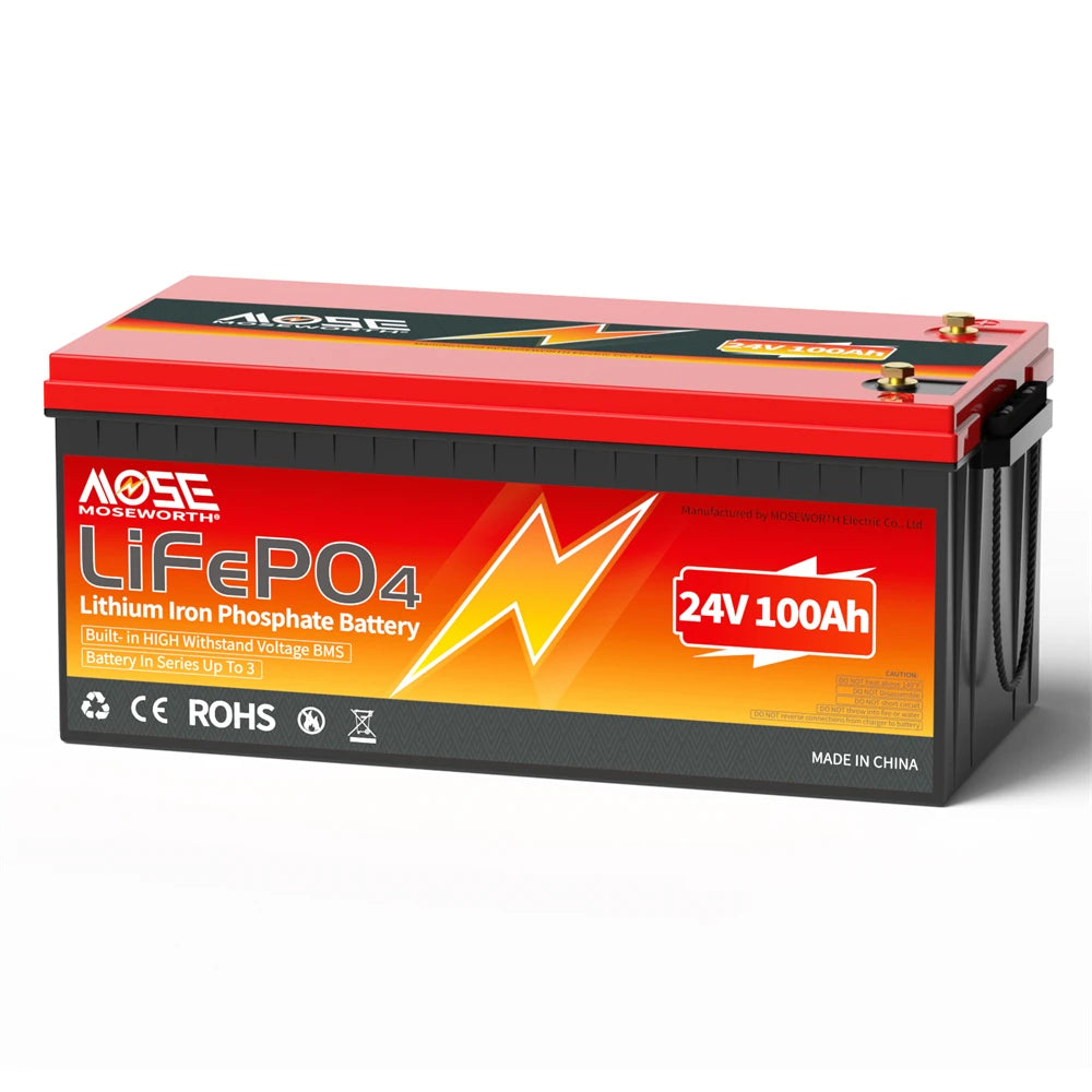 MOSEWORTH 24V 100Ah LiFePO4 Lithium Battery with 100A BMS 8000+ Deep Cycles Rechargeable Batteries for  Campers Trolling Motor