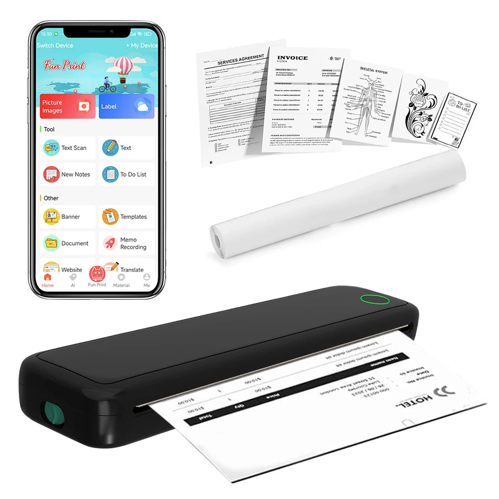 A4 Portable Thermal Printer Inkless Bluetooth-Compatible Wireless Mobile Travel Printer Document Printing Maker Home Office Use