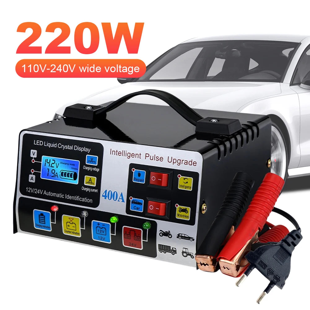 400A Heavy Duty Smart Battery Charger LCD Display Car Battery Charger 12/24V Intelligent Pulse Repair Charger High Power
