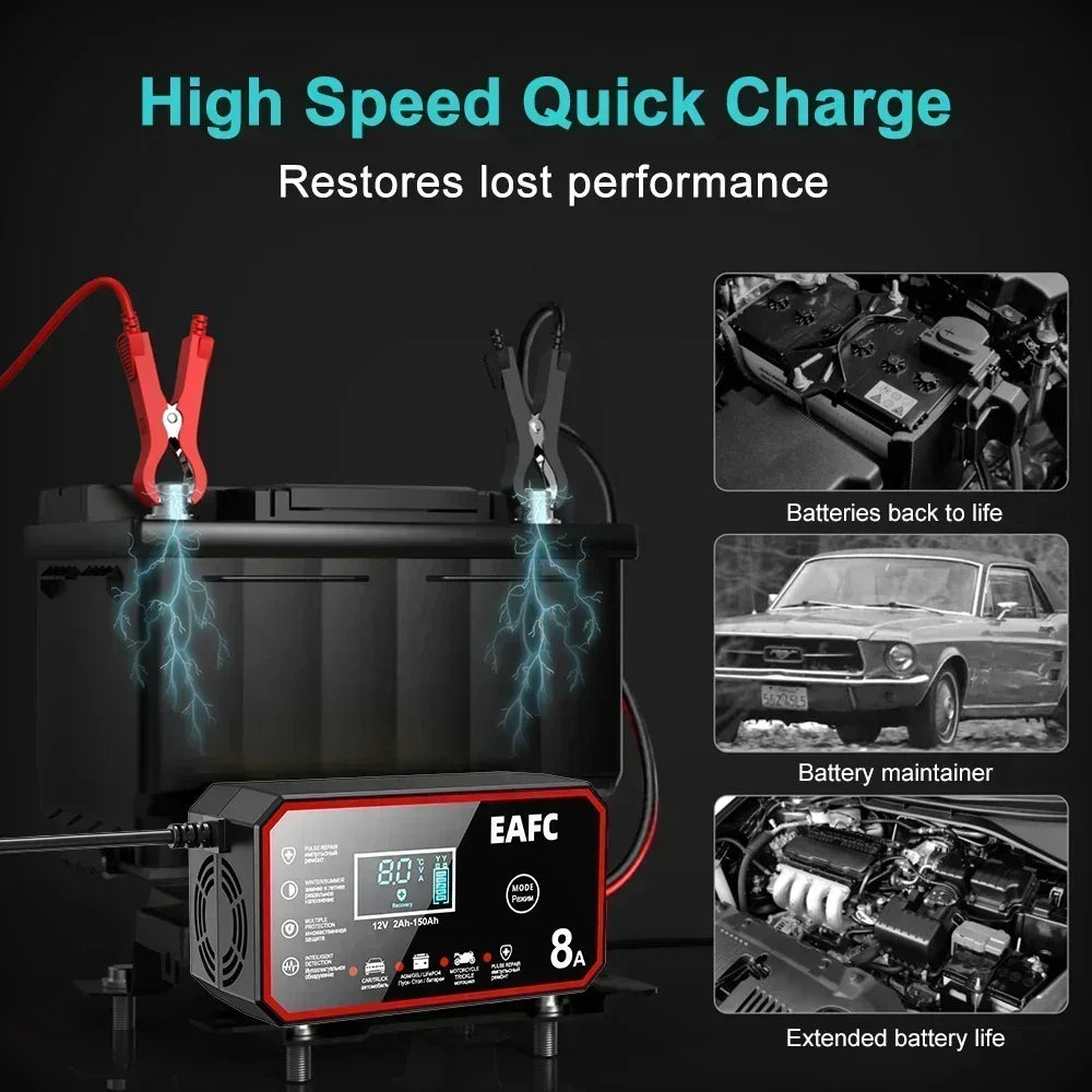 EAFC 8A 12V Car Battery Charger Charger for Motorcycle Lithium LiFePO4 Lead-Acid AGM Gel WET Automatic Pluse Repair Charger