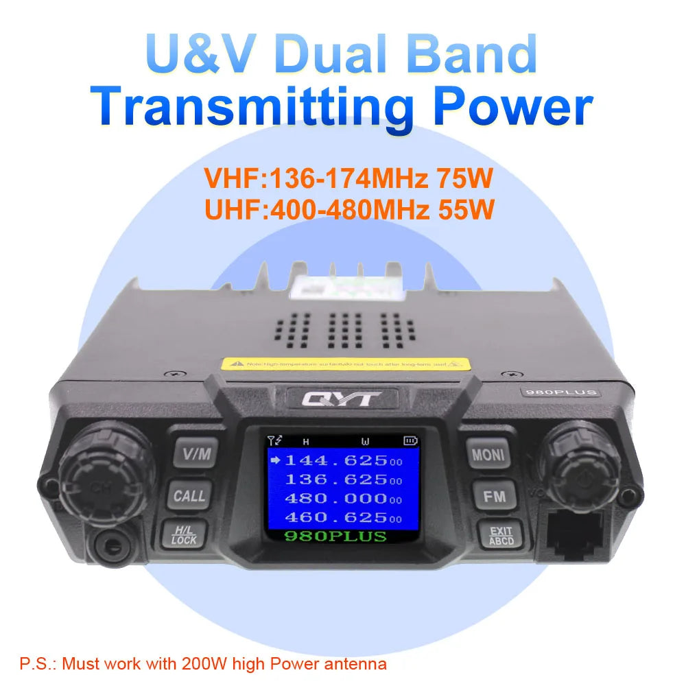 QYT KT-980Plus High Power 50W Dual Band 136-174&400-470MHz 200CH Dual Band Quad Standby Car Mobile Two Way Radio 980plus