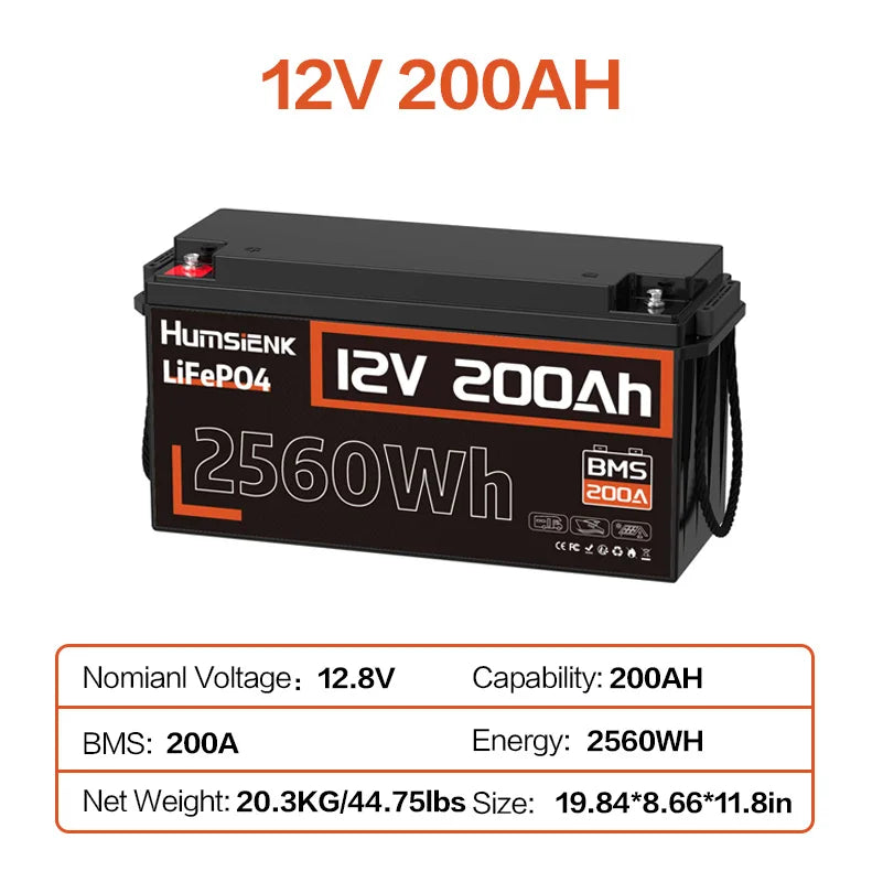 Humsienk 12V 20Ah 100Ah 200Ah 314Ah LiFePO4 Battery Rechargeable Cells 15000 Cycle BMS For RV/ Vans/ Camping/ Home Storage/Solar