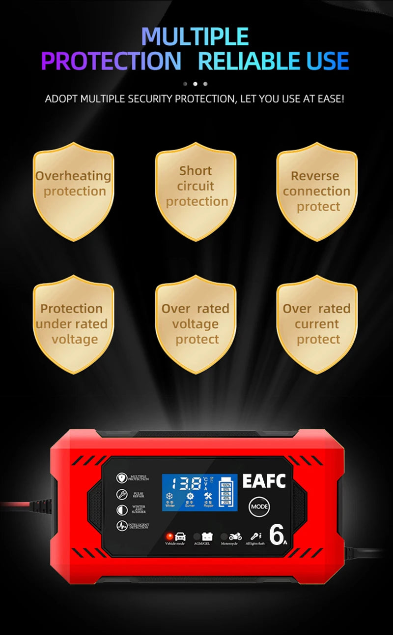 Large Screen Car Battery Charger 6A 12V Car and Motorcycle Battery Charging Device Lead-acid Battery Smart Repair LCD Display