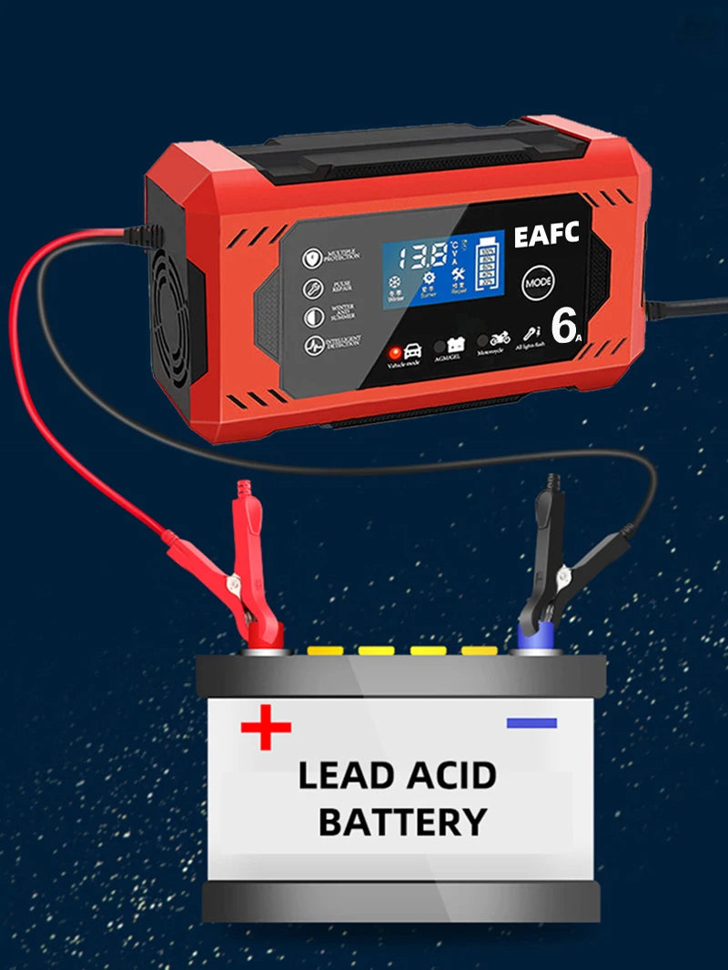 Large Screen Car Battery Charger 6A 12V Car and Motorcycle Battery Charging Device Lead-acid Battery Smart Repair LCD Display