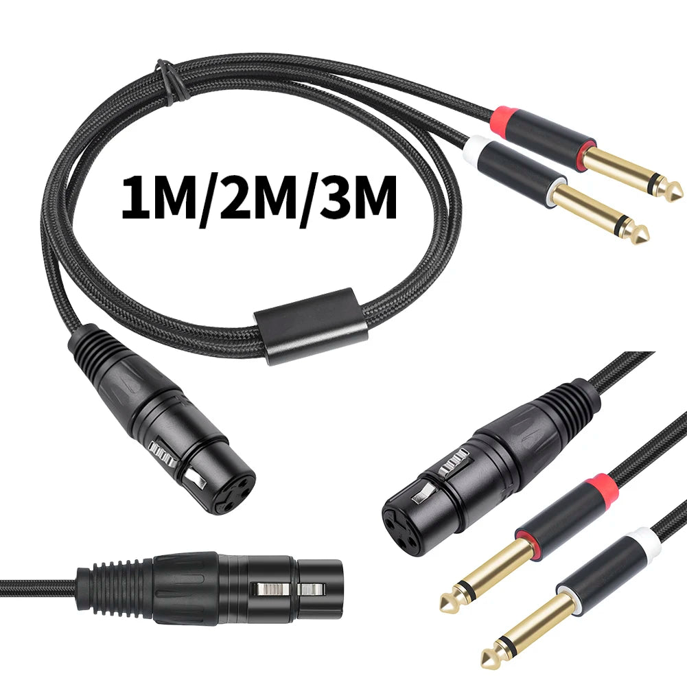 Gold Plated 3 Pin XLR Female To Dual 6.35mm Mono TS Male Cable for Microphone Mixer Amplifier 1 to 3 Meter Options