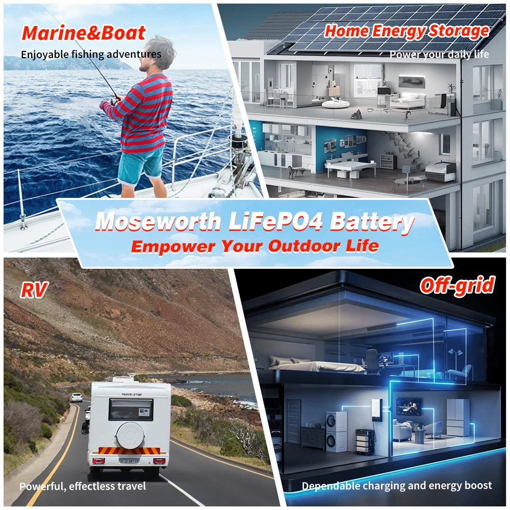 MOSEWORTH 24V 100Ah LiFePO4 Lithium Battery with 100A BMS 8000+ Deep Cycles Rechargeable Batteries for  Campers Trolling Motor