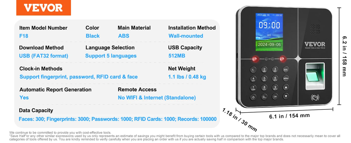 SucceBuy Biometric 5RFID Cards&USB Drive Automatic Time Clock for Employees Small Business Face Fingerprint and PIN Punch In/Out