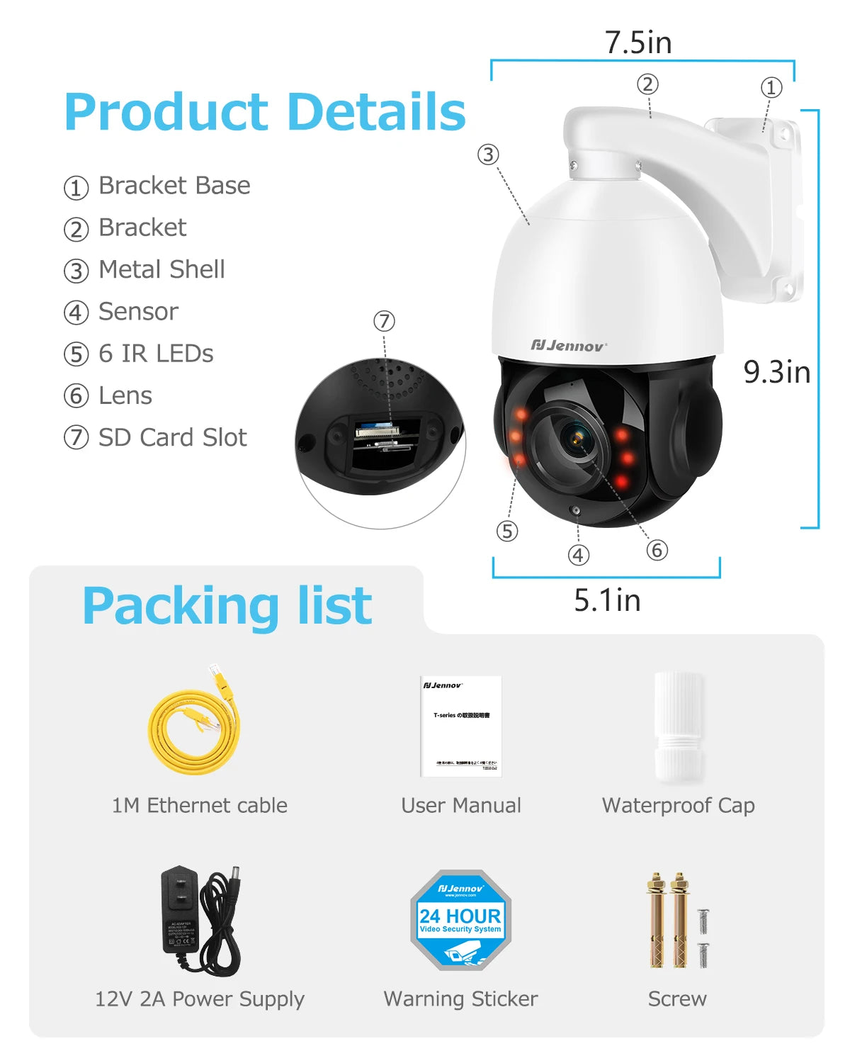 Jennov 4K 8MP Outdoor PTZ IP POE Camera 20X Optical Zoom & Human Detection, 320ft IR Night Vision,  Hikvision Onvif Compatible