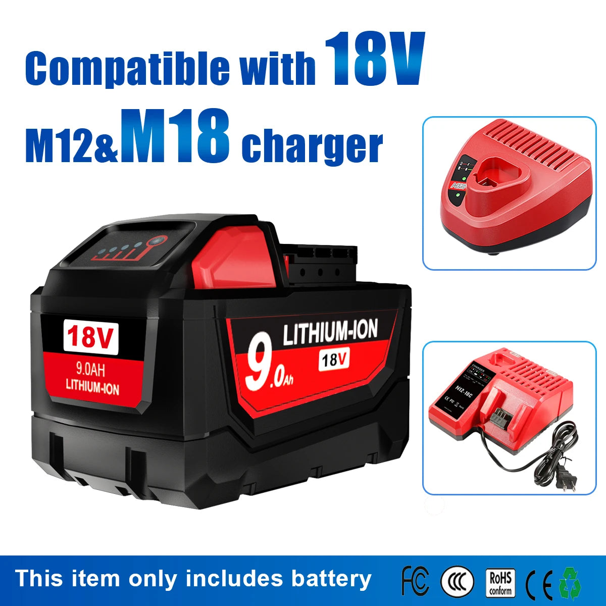 For Milwaukee 18V  M18 lithium 6.0Ah/9.0Ah XC Lithium Battery 48-11-1860 48-11-1850 48-11-1840 48-11-1820 Charger rechargeable P