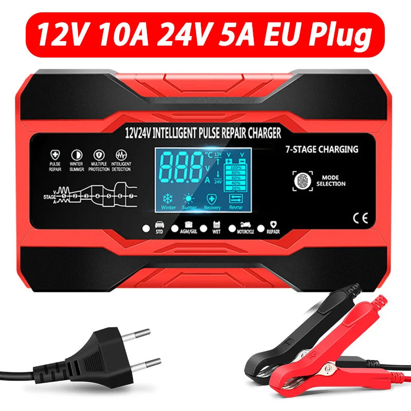 12V-24V 7-stage smart Car Battery-Charger Full Automatic 10A Digital Car Battery Charger  Pulse Repair for AGM GEL WET Lead Acid