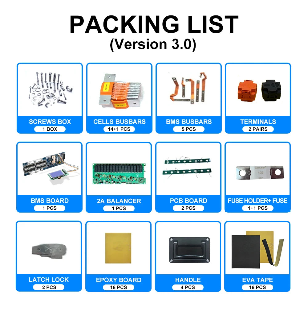 US Stock 3.0 Seplos 51.2V 280AH 310AH 320AH Lifepo4 Battery Kits CAN RS485 BMS 2A Active Balancer DIY Case Home Solar