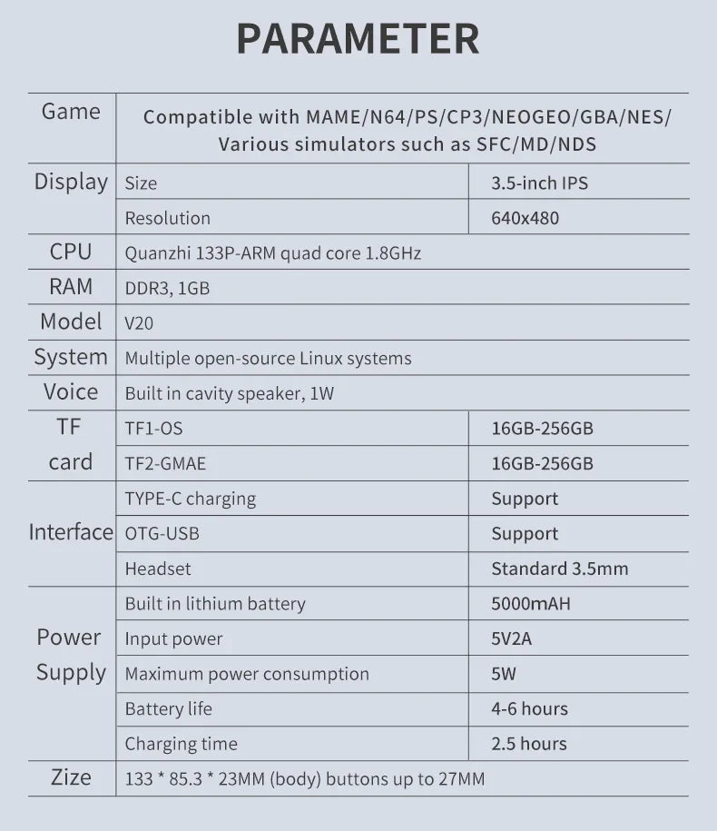 POWKIDDY V20 Retro Video Handheld Game Console 3.5-Inch IPS HD Screen Dual Card slot 5000mAh Lithium Battery Retro Game Stickers