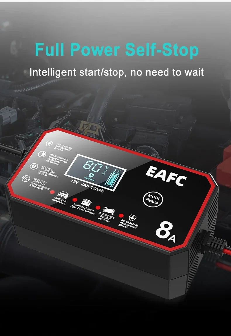 EAFC 8A 12V Car Battery Charger Charger for Motorcycle Lithium LiFePO4 Lead-Acid AGM Gel WET Automatic Pluse Repair Charger