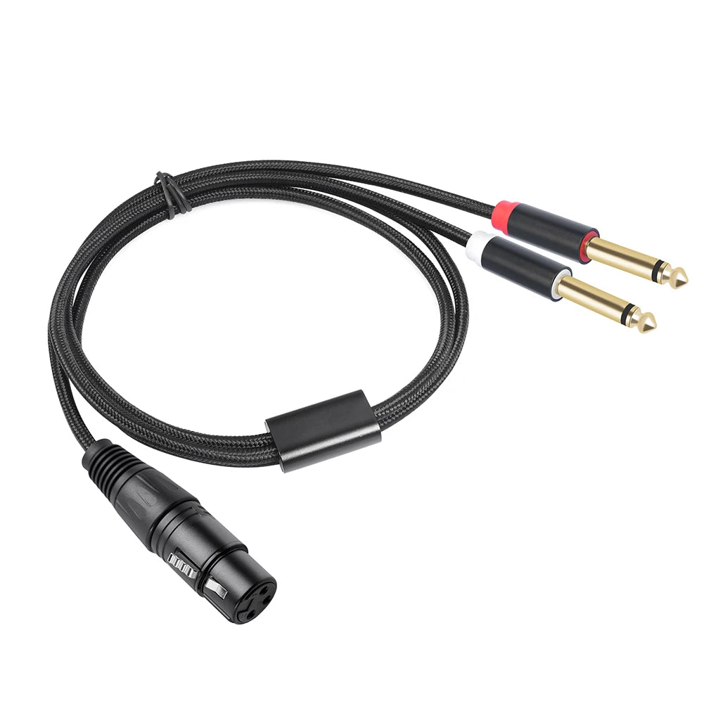 Gold Plated 3 Pin XLR Female To Dual 6.35mm Mono TS Male Cable for Microphone Mixer Amplifier 1 to 3 Meter Options