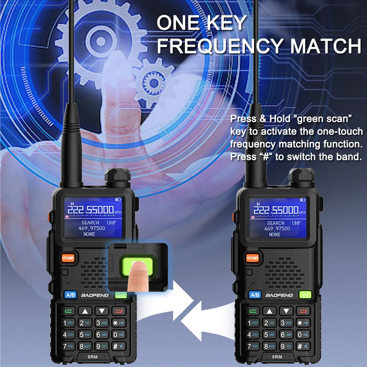 Baofeng 5RM 8W Ham Radio 136-174/220-260/400-520MHz 6-Band Two Way Radio NOAA Weather Receiver One Key Frequency Match UV-5RH