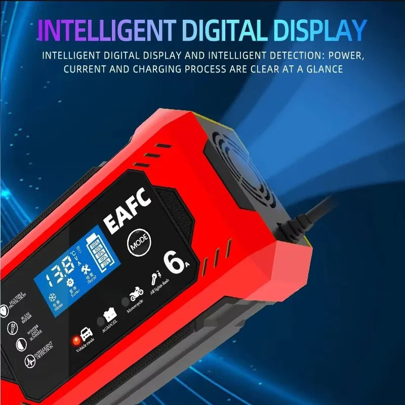 Large Screen Car Battery Charger 6A 12V Car and Motorcycle Battery Charging Device Lead-acid Battery Smart Repair LCD Display