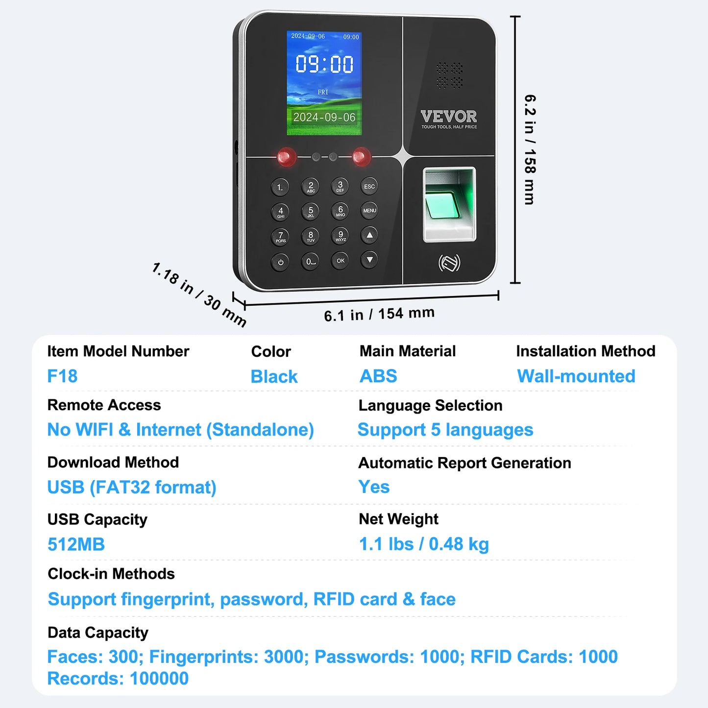 SucceBuy Biometric 5RFID Cards&USB Drive Automatic Time Clock for Employees Small Business Face Fingerprint and PIN Punch In/Out