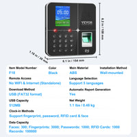SucceBuy Biometric 5RFID Cards&USB Drive Automatic Time Clock for Employees Small Business Face Fingerprint and PIN Punch In/Out