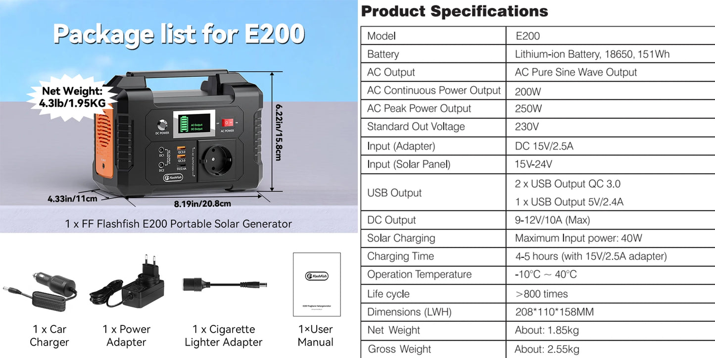 FF Flashfish 200W Portable Power Station 151Wh Solar Generator 230V AC DC Batteries Supply Outdoor Battery for Solar Panel Drone
