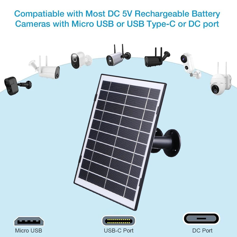 30W Solar Panel for Security Camera Micro USB/USB-C/DC5521 360°Adjustable Mount IP65 Waterproof for EufyCam/Wyze Cam