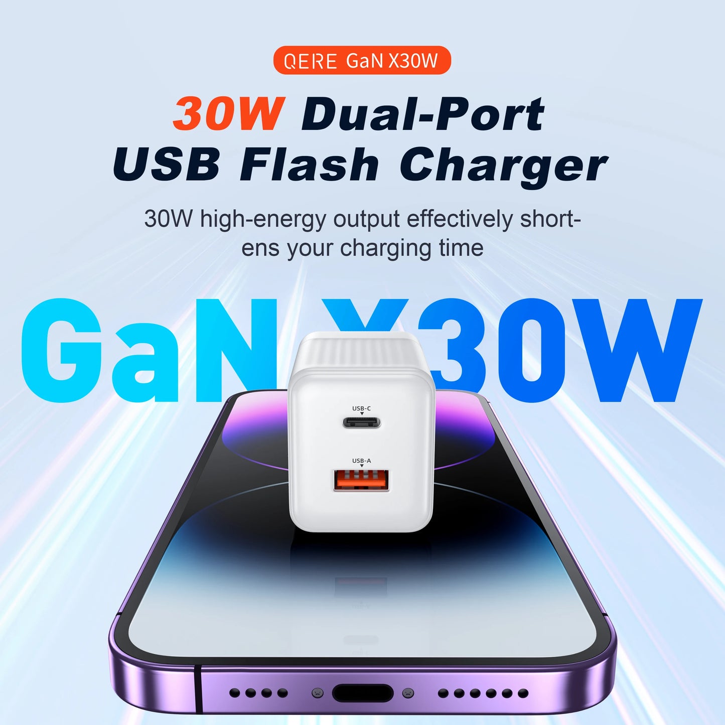 QERE Fast Charger PD 30W GaN Phone Universal Adapters EU Plug Safe Type C USB Intelligent Lightning Fast Charging Mini Portable