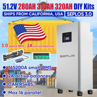 US Stock 3.0 Seplos 51.2V 280AH 310AH 320AH Lifepo4 Battery Kits CAN RS485 BMS 2A Active Balancer DIY Case Home Solar
