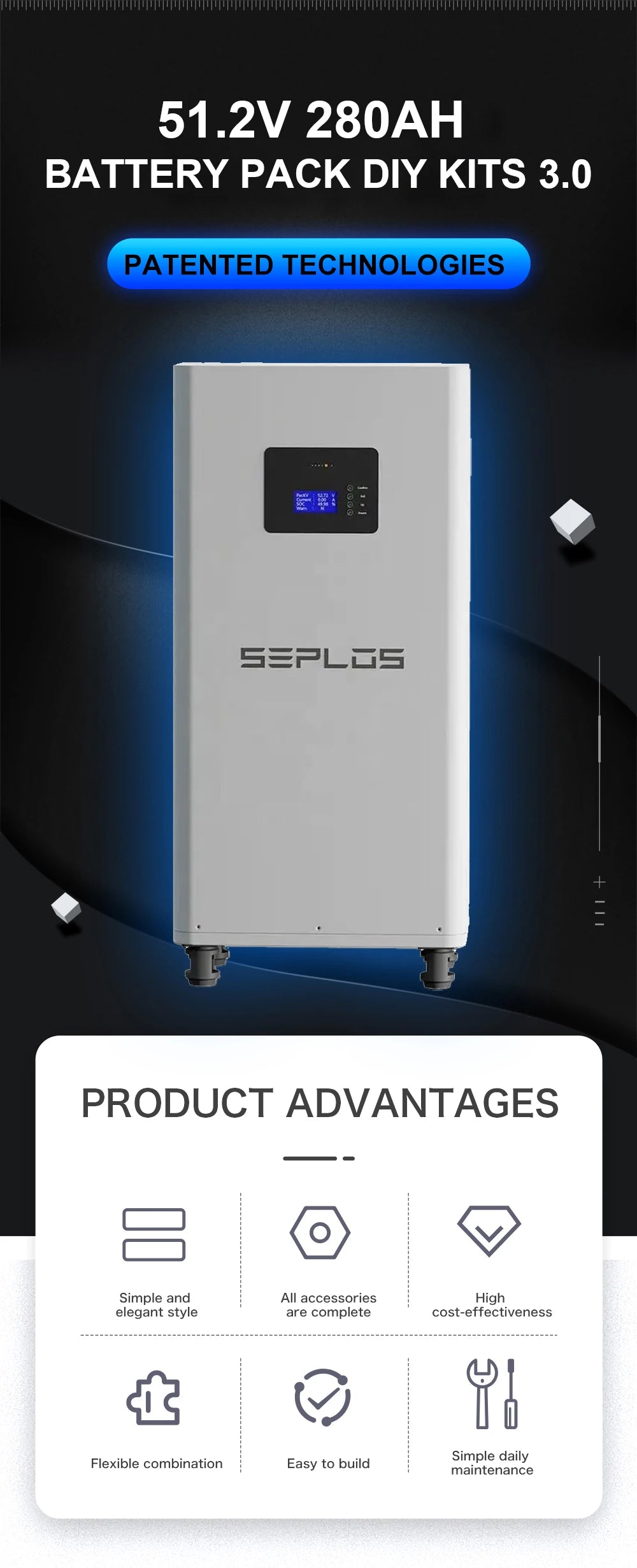 US Stock 3.0 Seplos 51.2V 280AH 310AH 320AH Lifepo4 Battery Kits CAN RS485 BMS 2A Active Balancer DIY Case Home Solar