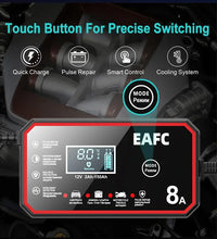 EAFC 8A 12V Car Battery Charger Charger for Motorcycle Lithium LiFePO4 Lead-Acid AGM Gel WET Automatic Pluse Repair Charger