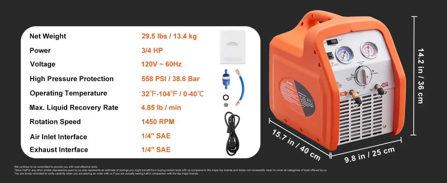 SucceBuy 3/4 1HP Refrigerant Recovery Machine Portable AC Recovery Machine 60Hz Recovery Machine HVAC for Car Air Conditioning