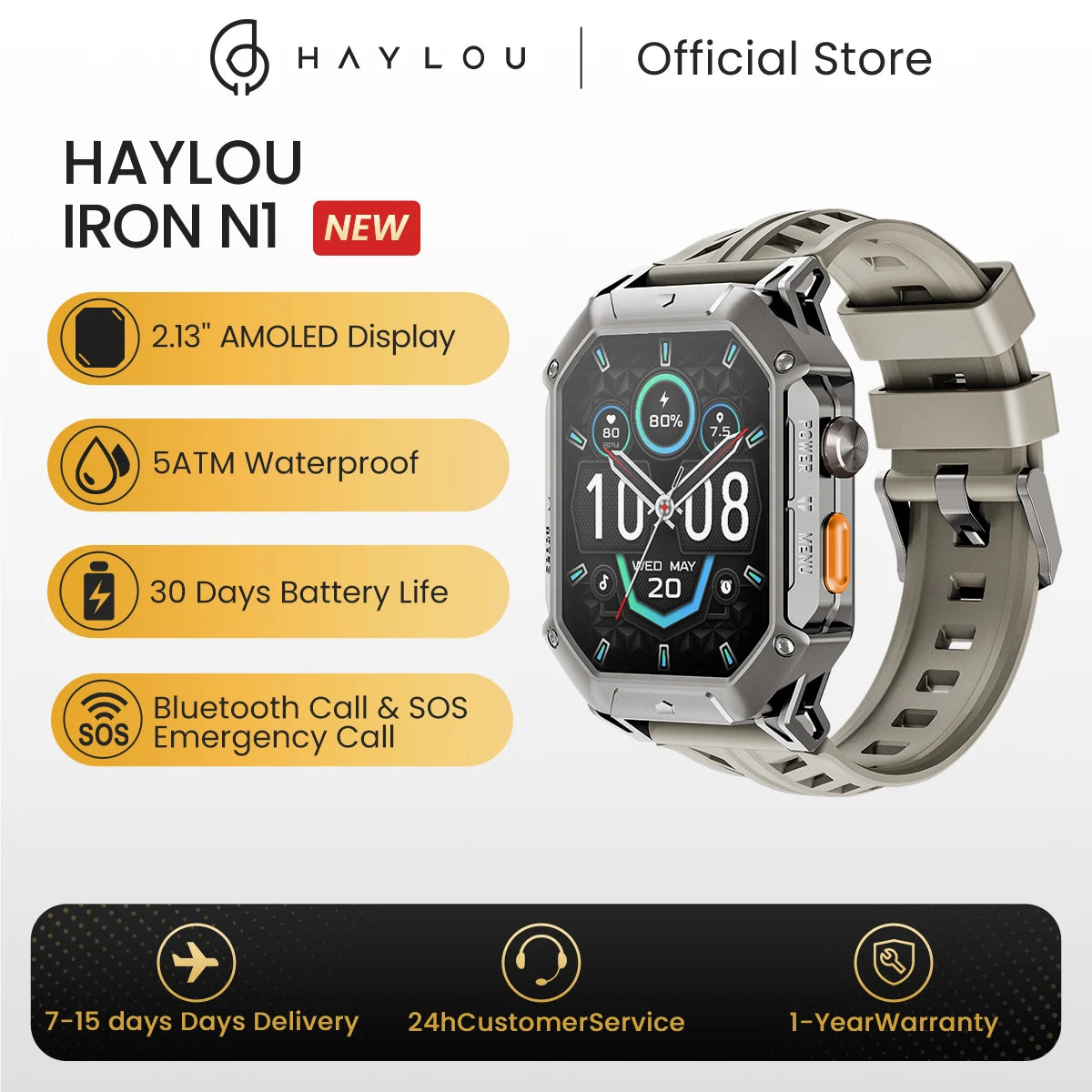 HAYLOU IRON N1 Smartwatchs 2.13’’ AMOLED Display 5ATM Waterproof Bluetooth Call Outdoor Sport Smart Watch 30 Days Battery Life