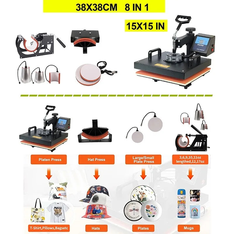 Combo Heat Press Machine4/5/6/7/8 in 1 38*38CM  Muntifunctional Sublimation Printer Transfer for Mug Hat Plate T-Shirt