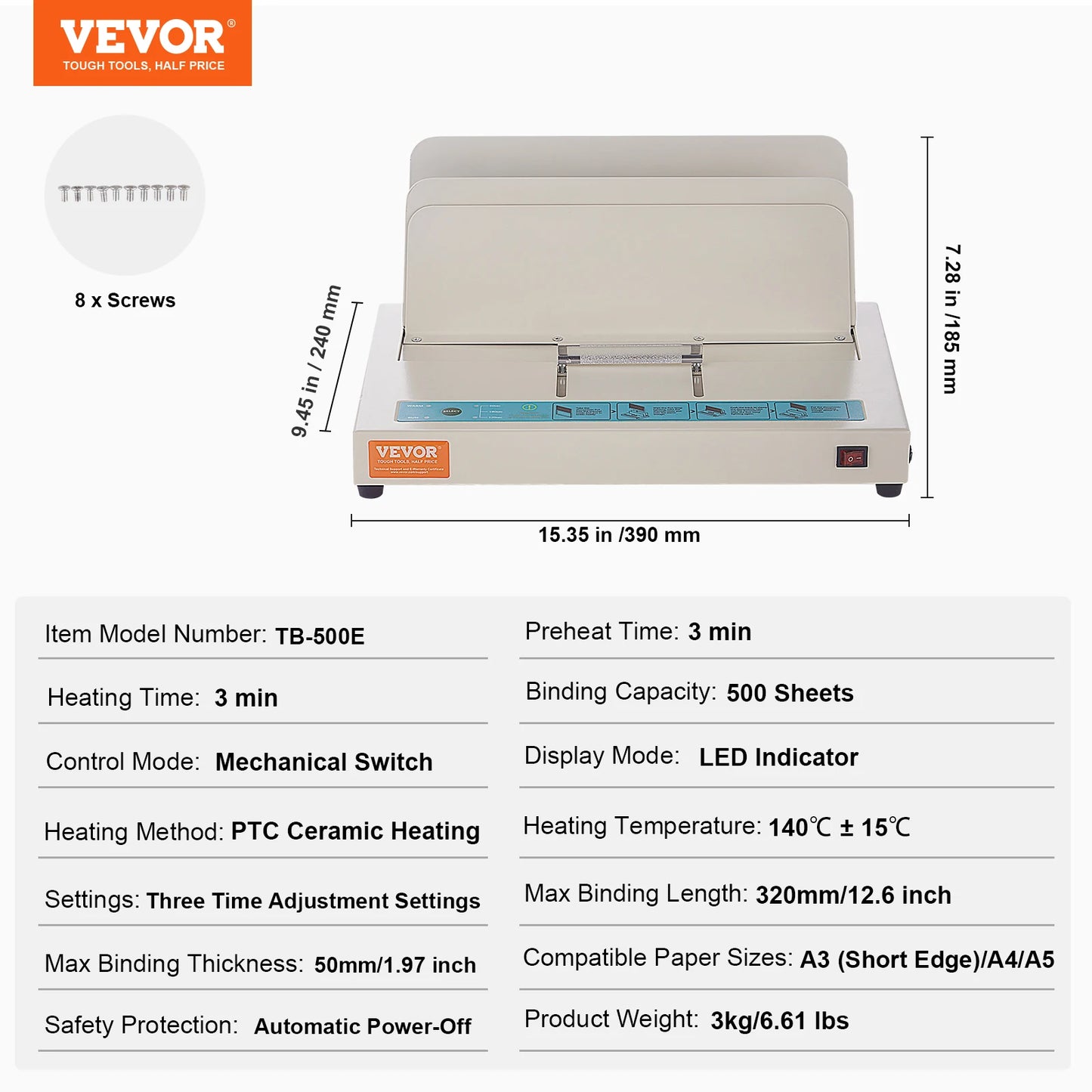VEVOR Thermal Binding Machine 500 Sheets 50mm Binding Thickness A3(Short Edge)/A4/A5 Document with Infrared Optical Detection