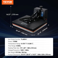 VEVOR Heat Press Machine 15" x 15"  / 16" x 20" / 16" x 24" Sublimation Printer Manual Clamshell Transfer on DIY T-shirt Pillow