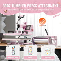 SucceBuy Heat Press Machine 12x15 inch  8 in 1 Heat Transfer Machine 360° Swing Away T-Shirt for T-Shirts/Mugs/Hats/Plates Pink