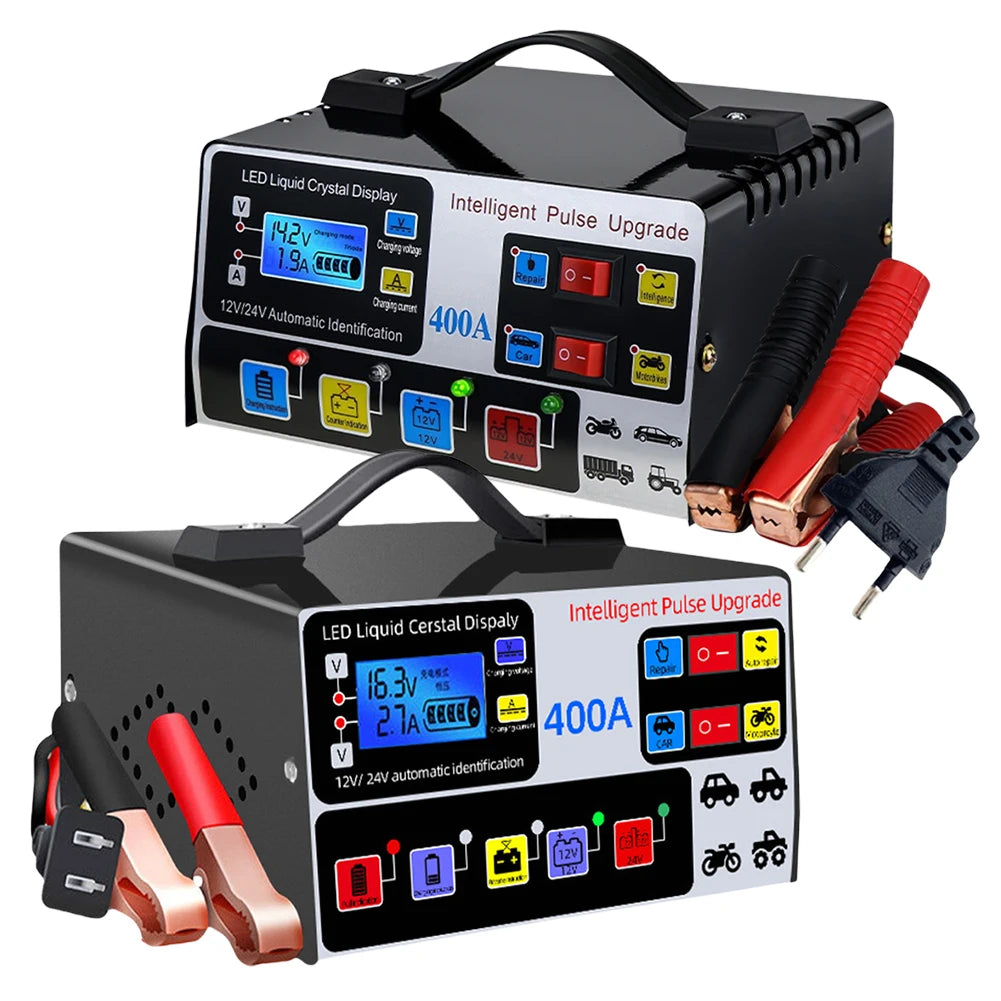400A Heavy Duty Smart Battery Charger LCD Display Car Battery Charger 12/24V Intelligent Pulse Repair Charger High Power