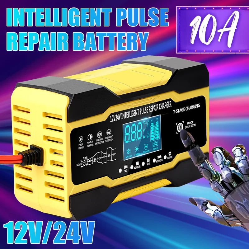 12V-24V 7-stage smart Car Battery-Charger Full Automatic 10A Digital Car Battery Charger  Pulse Repair for AGM GEL WET Lead Acid