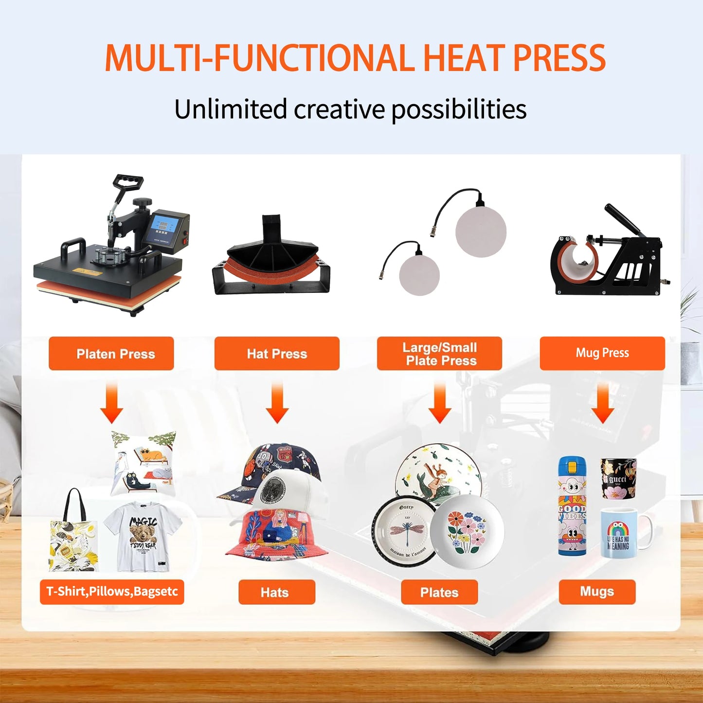 Combo Heat Press Machine4/5/6/7/8 in 1 38*38CM  Muntifunctional Sublimation Printer Transfer for Mug Hat Plate T-Shirt