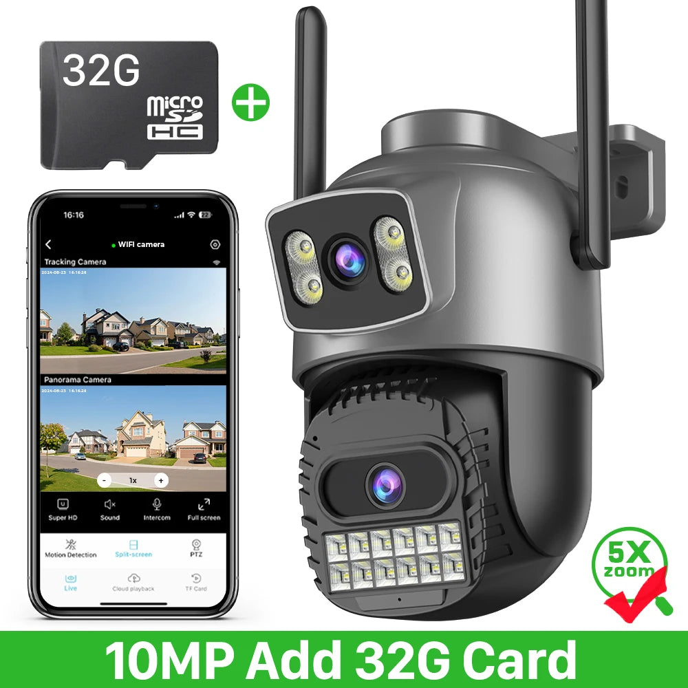 15MP 8K Wifi Camera Outdoor Three Lens Three Screens HD Wifi Security Camera Ai Human Detection PTZ 4K Home Surveillance Camera