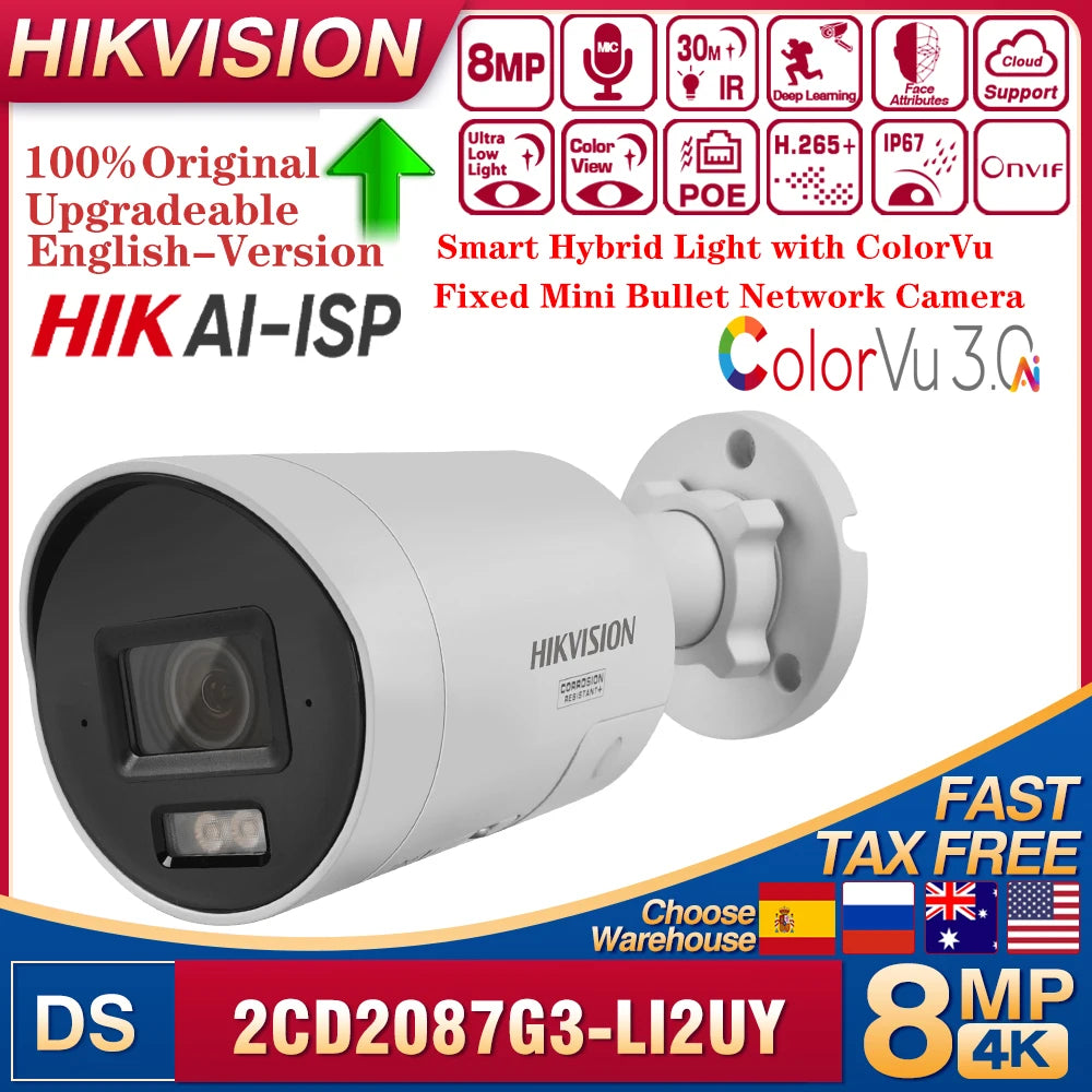 2025 NEW Original Hikvision DS-2CD2087G3-LI2UY 4K 8MP Smart Hybrid Light with ColorVu Fixed Mini Bullet Network Camera HikAI-ISP