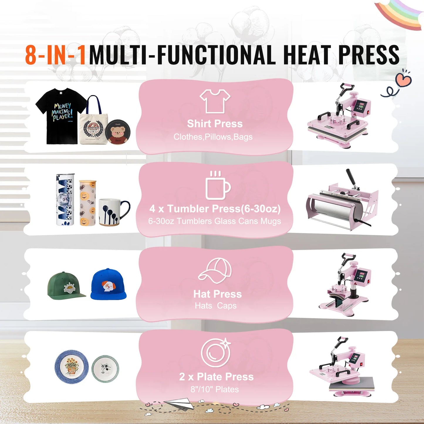SucceBuy Heat Press Machine 12x15 inch  8 in 1 Heat Transfer Machine 360° Swing Away T-Shirt for T-Shirts/Mugs/Hats/Plates Pink