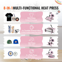 SucceBuy Heat Press Machine 12x15 inch  8 in 1 Heat Transfer Machine 360° Swing Away T-Shirt for T-Shirts/Mugs/Hats/Plates Pink