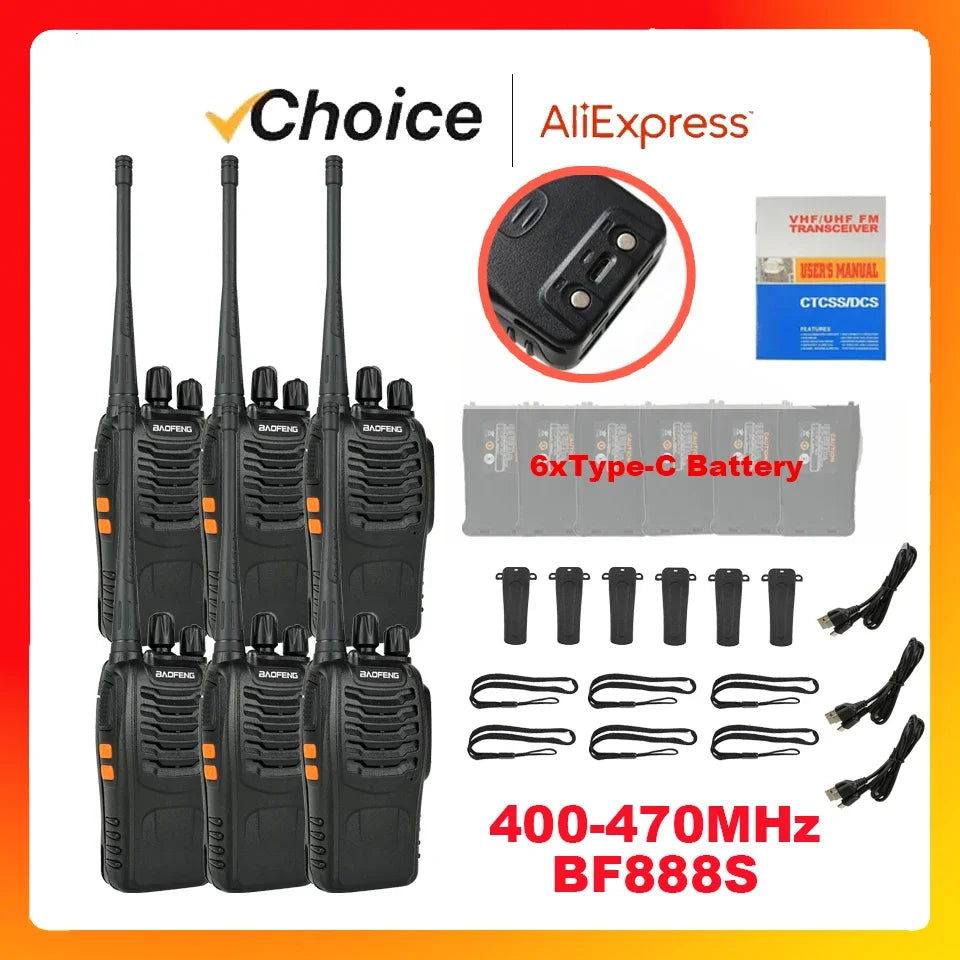 Baofeng 6Pcs BF 888S Walkie Talkie UHF 400 470MHz Long Range Two Way Ham Radios Transceiver for Hunting Hotel